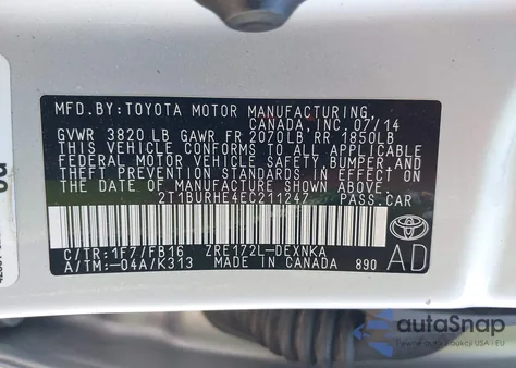 2014 Toyota Corolla L/Le/Le Pls/Prm/S/S Pls from USA, damaged, VIN 2T1BURHE4EC211247